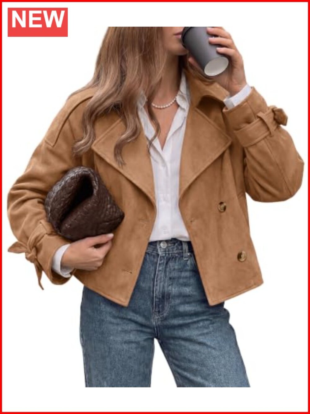 Faux Suede Double Breasted Cropped Trench Coat Women's Short Fall Jacket